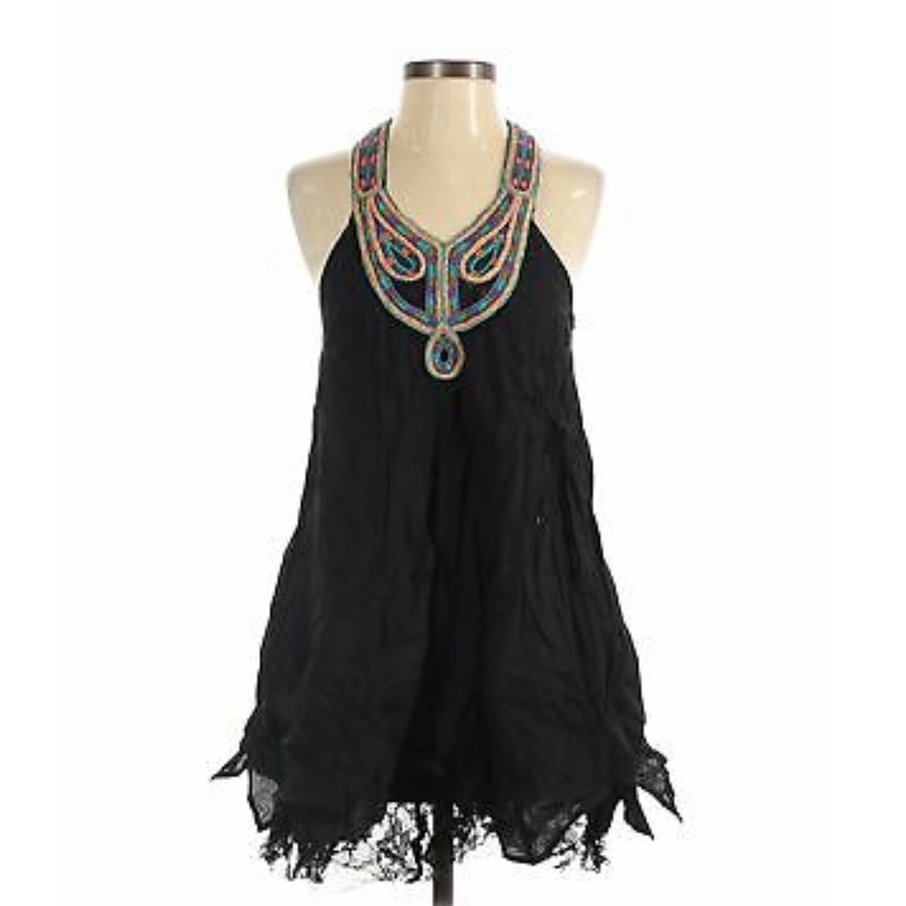 Free People Tribal Black Mini Dress Lace Hem size Small